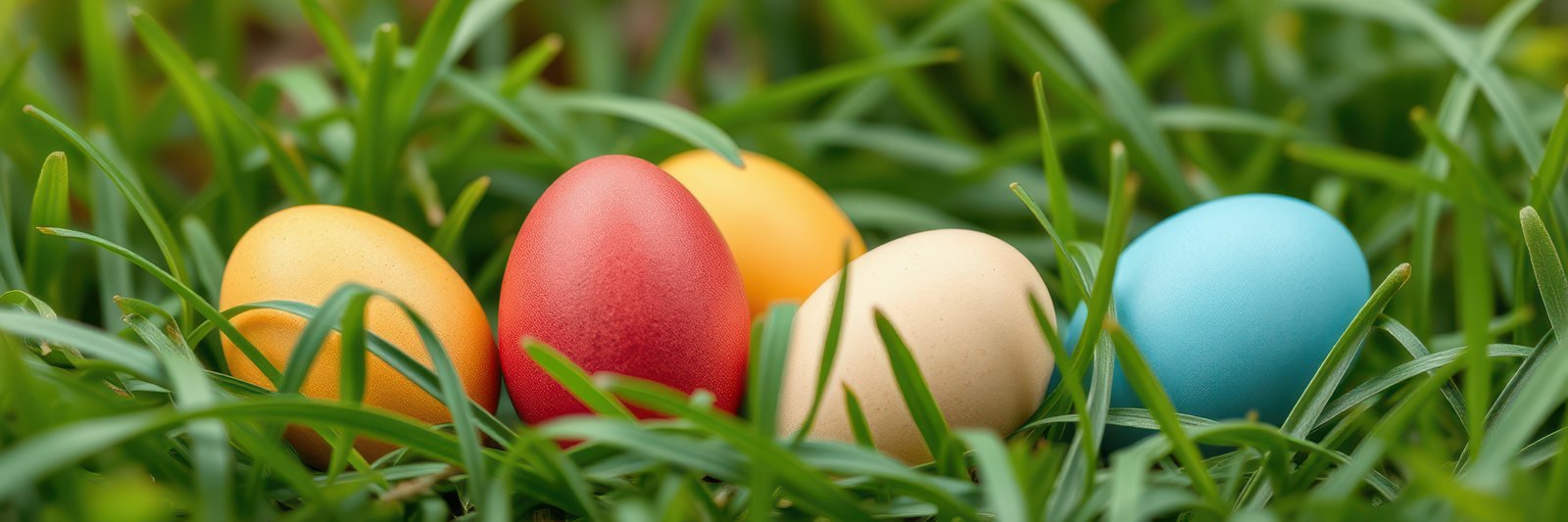 Colorful Easter eggs resting in vibrant green grass during springtime celebrations